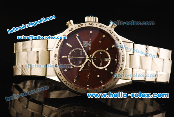 Tag Heuer Carrera Chronograph Miyota Quartz Movement Full Steel with Brown Dial and Stick Markers-7750 Coating Case - Click Image to Close